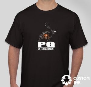 A black shirt with P.G. Entertainment LLC logo